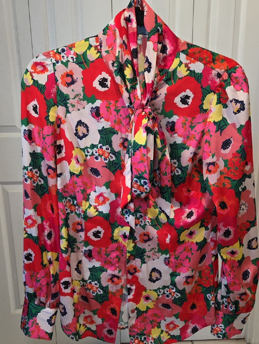 Sz 6 Hawes & Curtis Floral Tie-Neck Blouse - Pink Multi